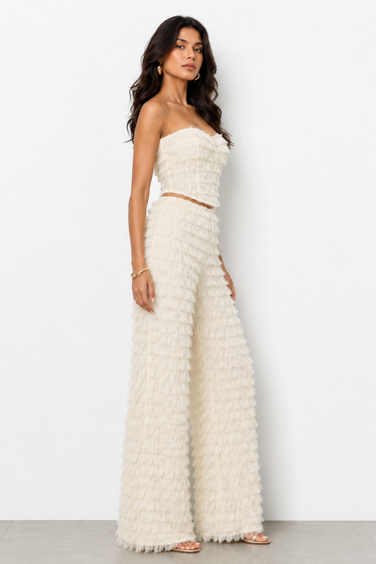 White Fringe Pant and Fringe Corset Top Set