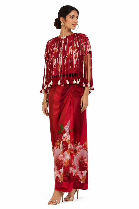 Tassel Halter neck Top with Printed Skirt