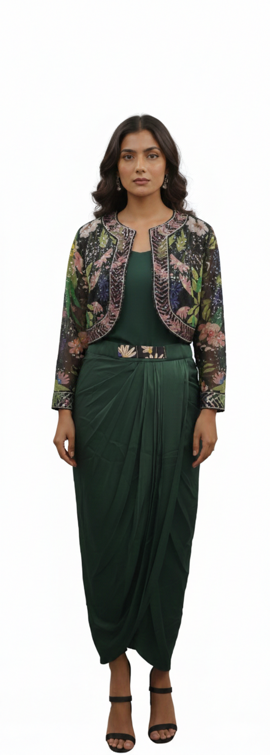 Green Dress with Cropped Embroidery Jacket