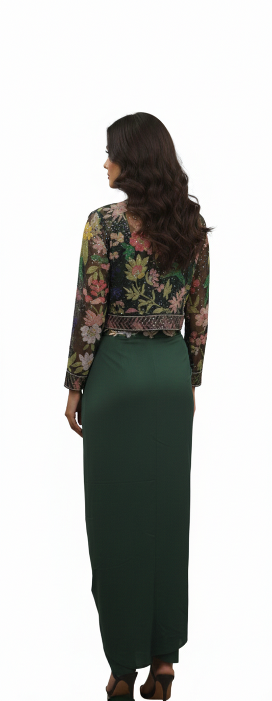 Green Dress with Cropped Embroidery Jacket