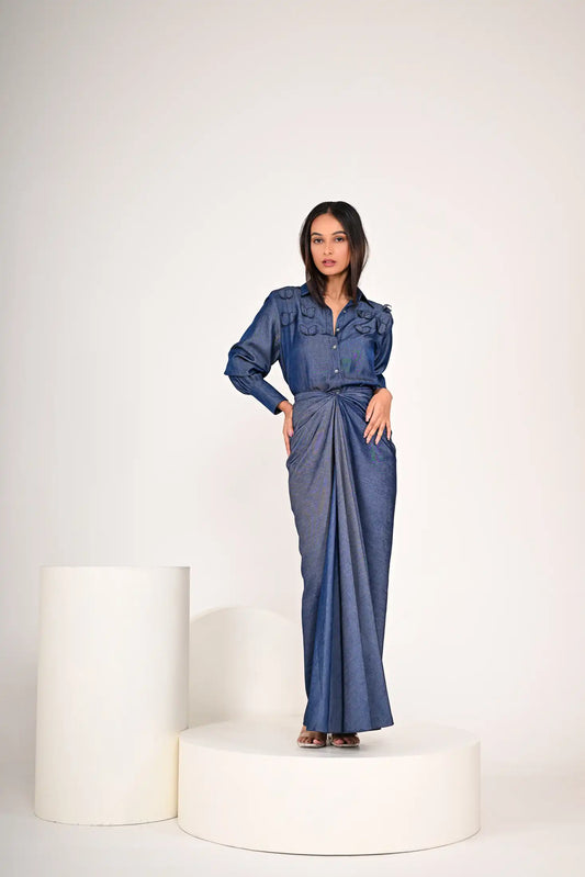 Soft Denim Shirt and Draped Skirt Set
