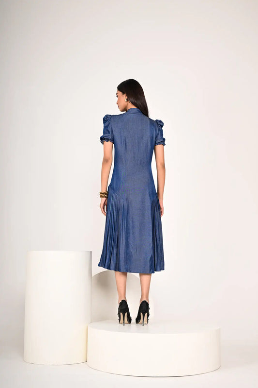 Butterfly Charm Pleated Denim Dress