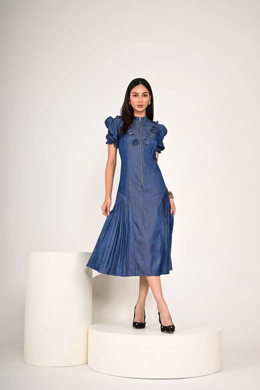 Butterfly Charm Pleated Denim Dress