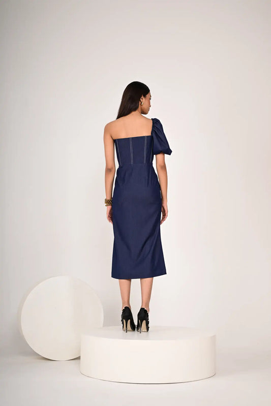 Dual-Tone One-Shoulder Denim Dress