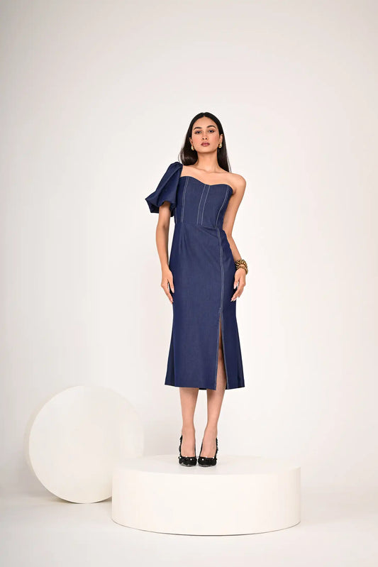 Dual-Tone One-Shoulder Denim Dress