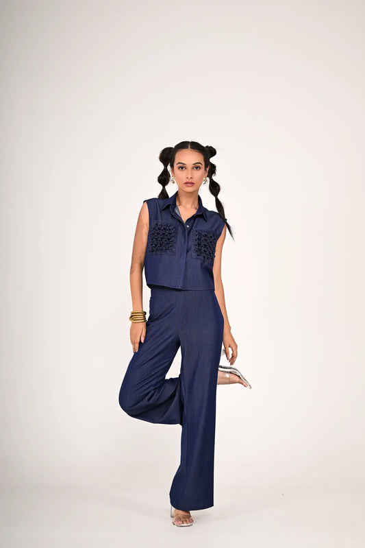 Soft Denim sleeveless top with Pocket straight cut pant