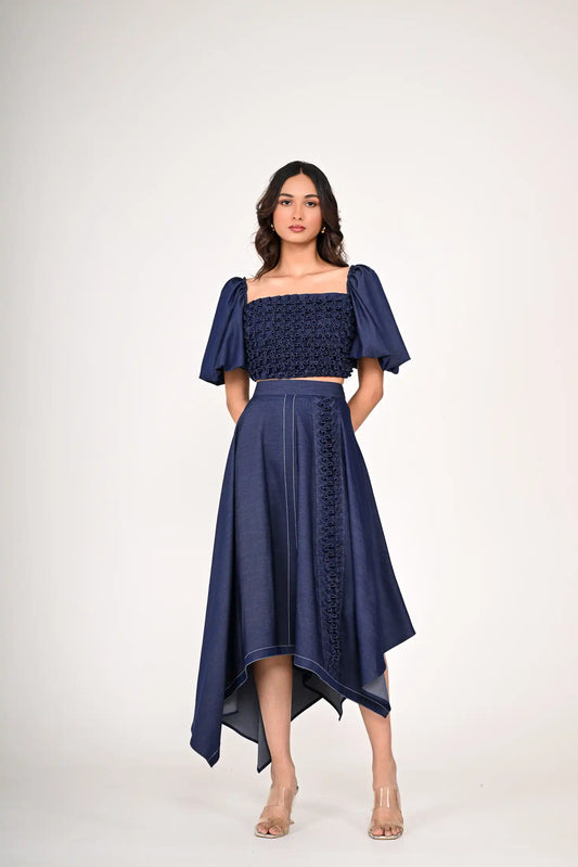 Soft Denim Ruching Top And Skirt Set