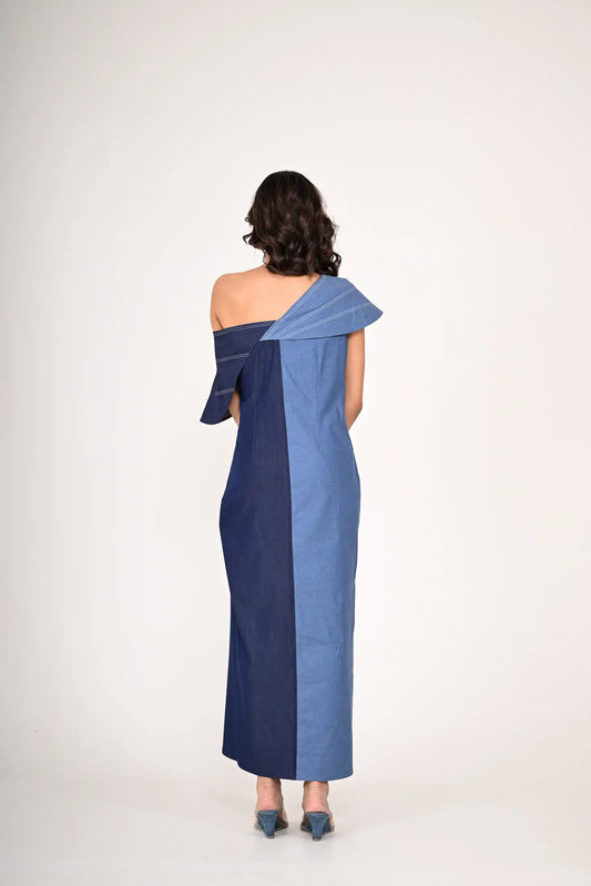 Dual-Tone One-Shoulder Denim Dress