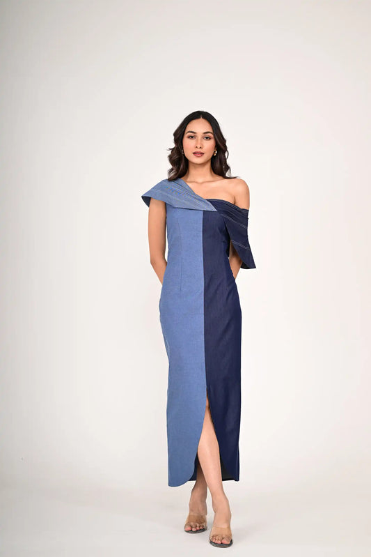 Dual-Tone One-Shoulder Denim Dress