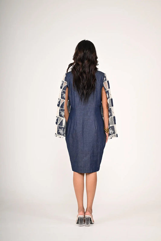 Cotton Denim Bodycon Dress with Crochet Cape sleeves