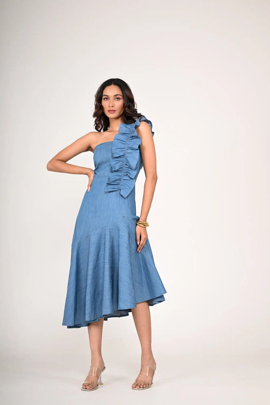 One-Shoulder Ruffle Denim Dress