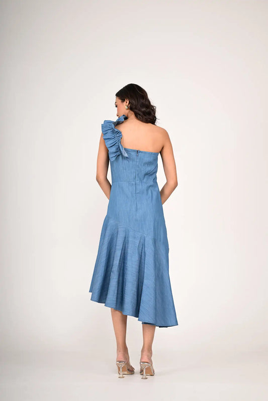 One-Shoulder Ruffle Denim Dress