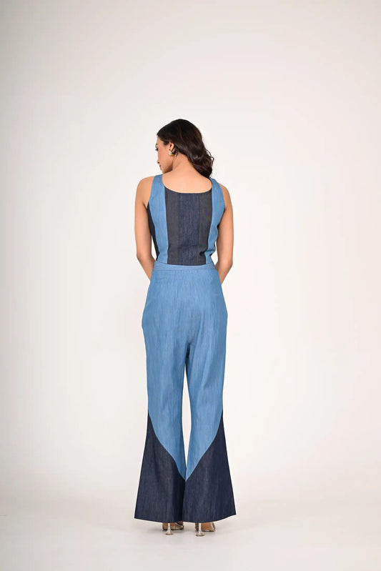 Color Block Denim Cropped Top And Pant