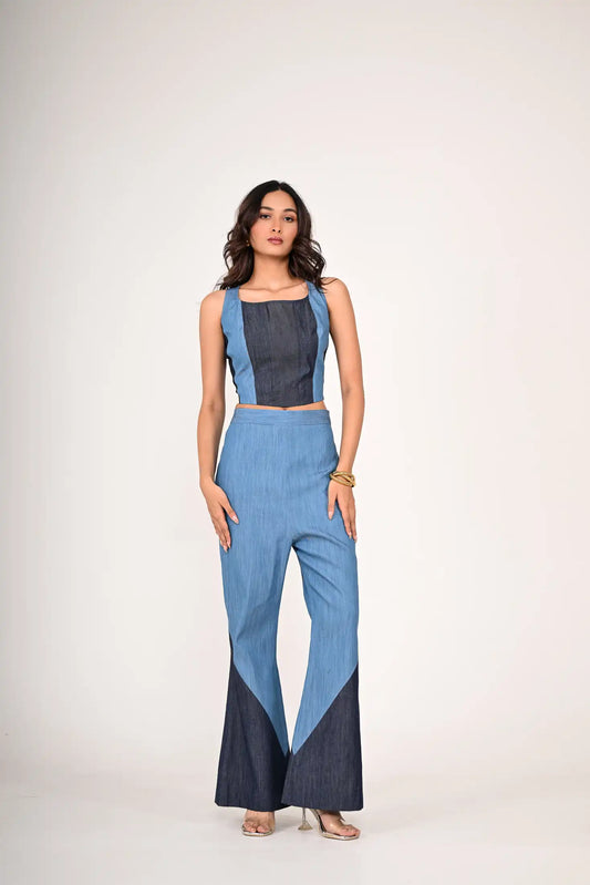 Color Block Denim Cropped Top And Pant