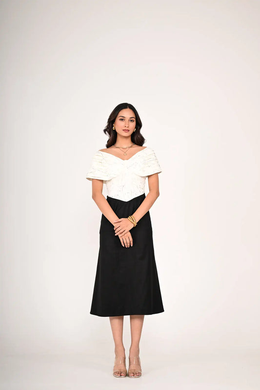 Black and Off White Printed Midi Dress