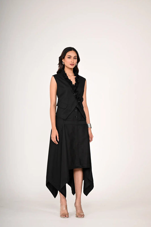 Black Sleeveless Top with ruffled collar and Skirt Set