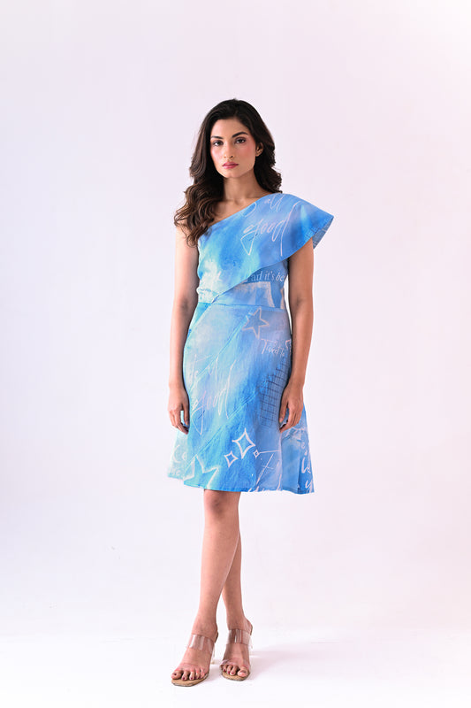 Denim printed One Shoulder Dress