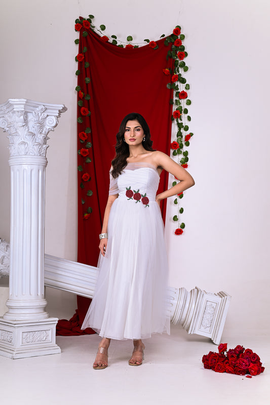 Net Dress with Rose Applique