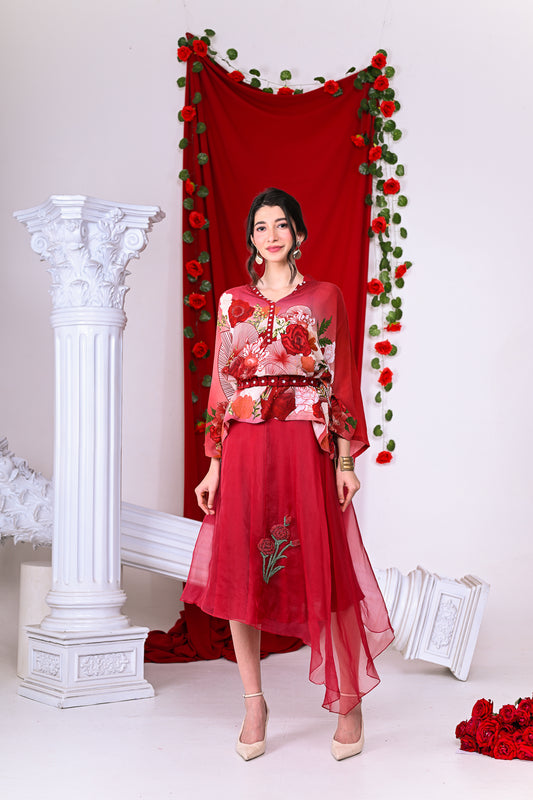 Kaftan with Organza Dress with Rose Applique & Belt