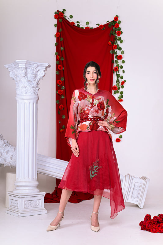 Kaftan with Organza Dress with Rose Applique & Belt