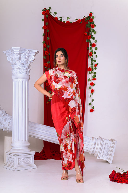 Red Draped Dress with Highlight Work