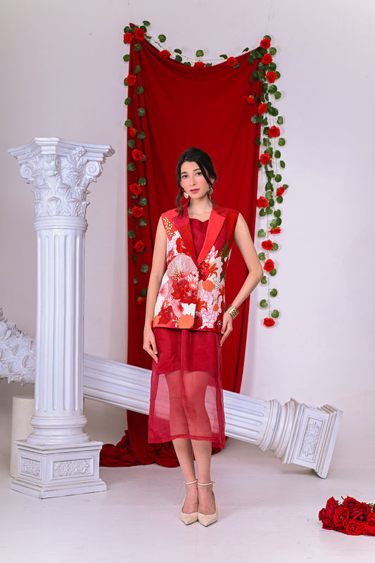 Sleeveless Floral Jacket with Organza Sheer Dress