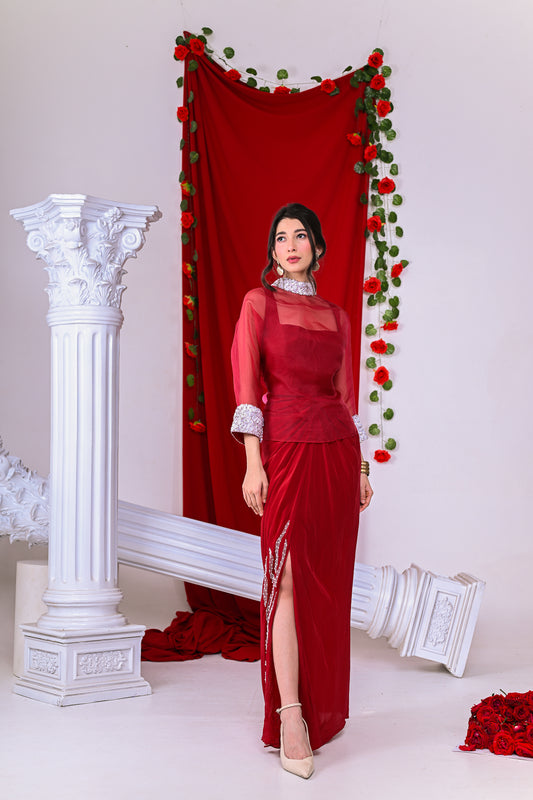 Red Embroidered Top and Skirt