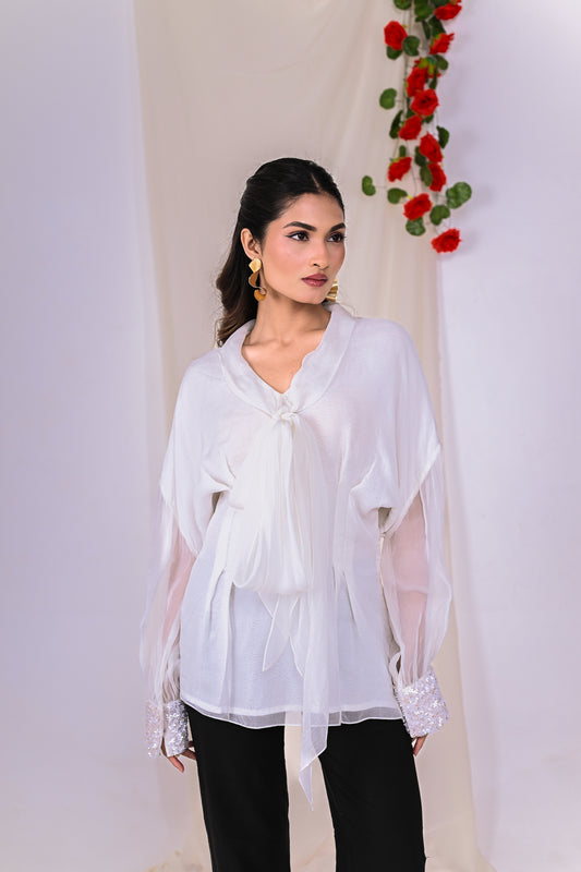 White Top with Bow Tie and Statement Cuffs