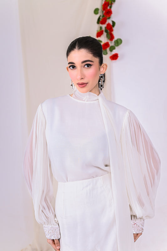White Scarf Top with Embroidered Cuffs