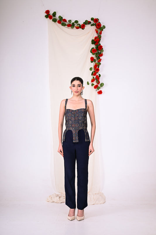 Ajrakh set - 2 pc - a criss cross strap top with straight pants