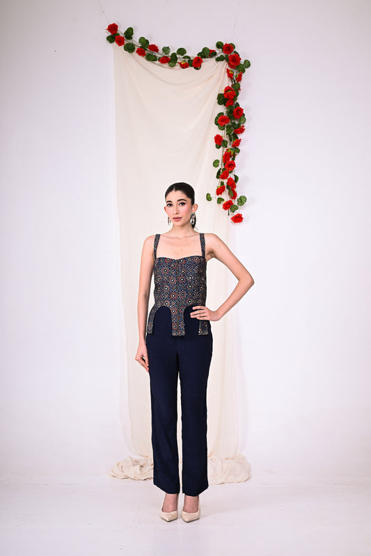 Ajrakh set - 2 pc - a criss cross strap top with straight pants