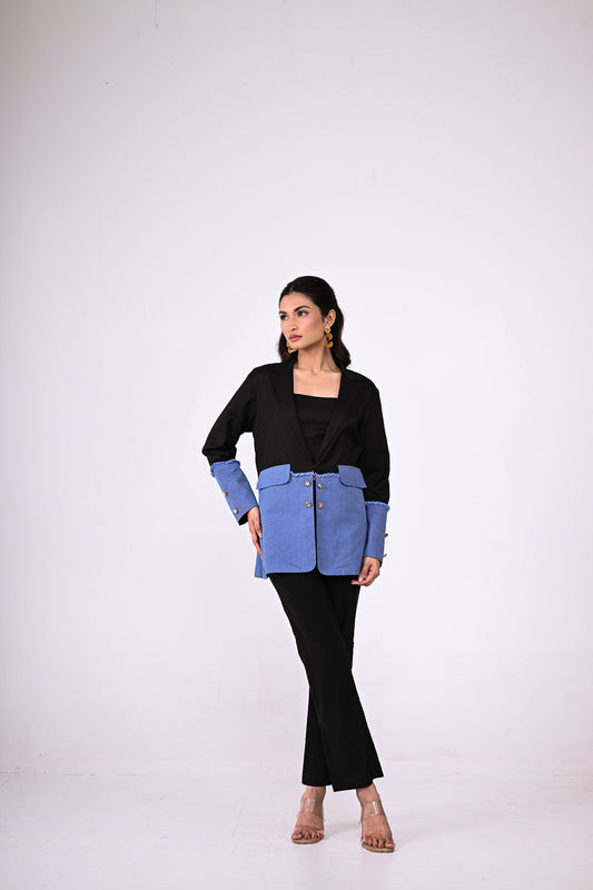 Black and Blue Denim Jacket - a strap inner top and a jacket