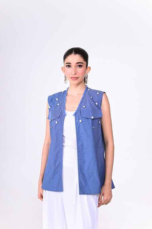 Sleeveless Denim Jacket with Stone Work