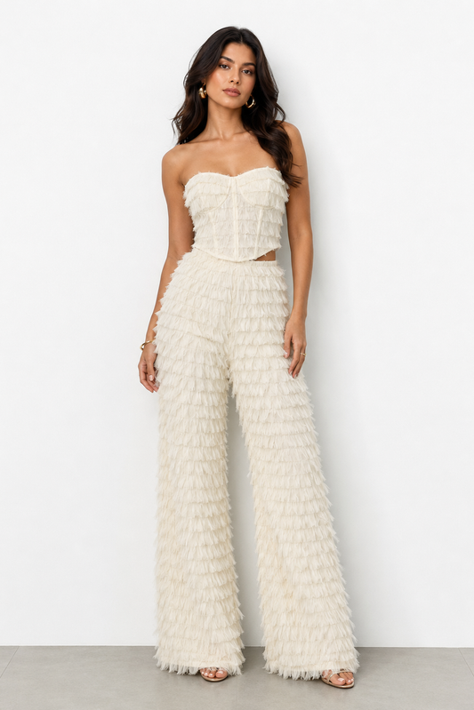 White Fringe Pant and Fringe Corset Top Set