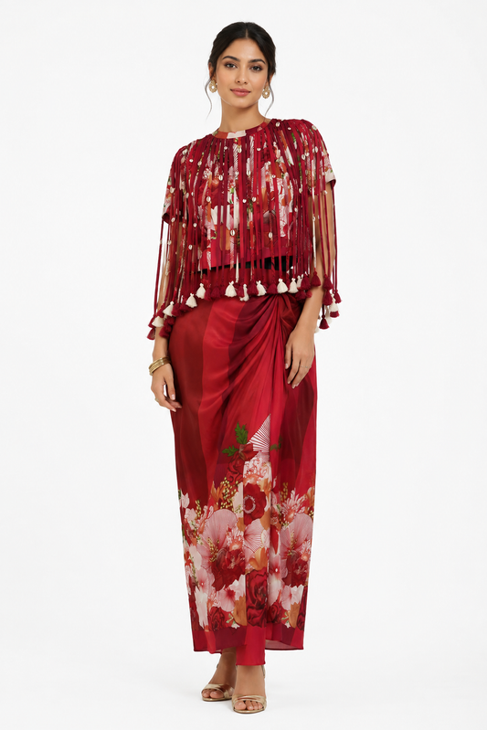 Tassel Halter neck Top with Printed Skirt