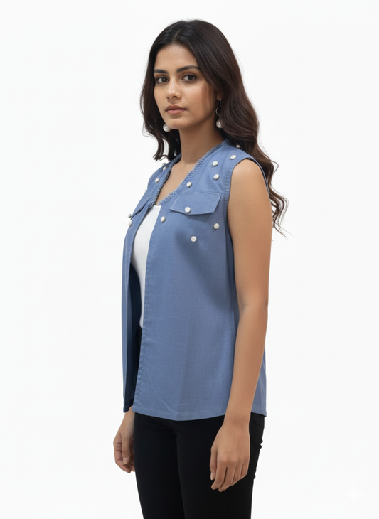 Sleeveless Denim Jacket with Stone Work