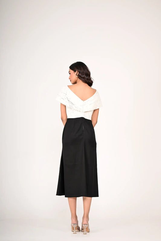 Black and Off White Printed Midi Dress