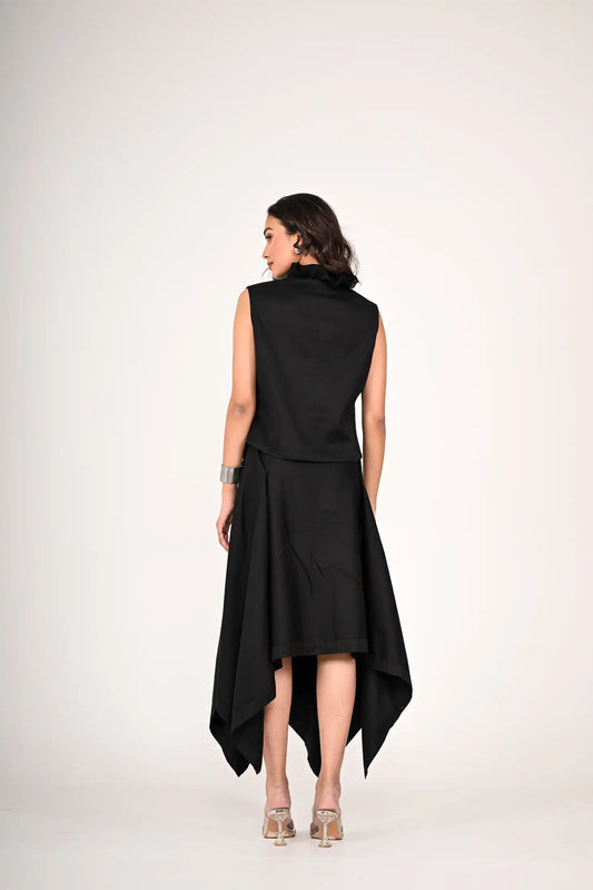 Black Sleeveless Top with ruffled collar and Skirt Set