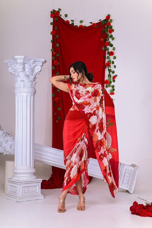 Red Draped Dress with Highlight Work