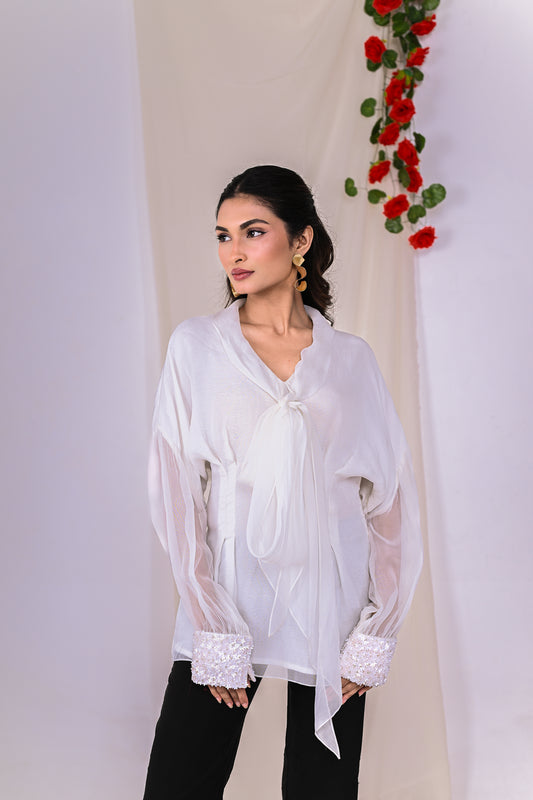 White Top with Bow Tie and Statement Cuffs