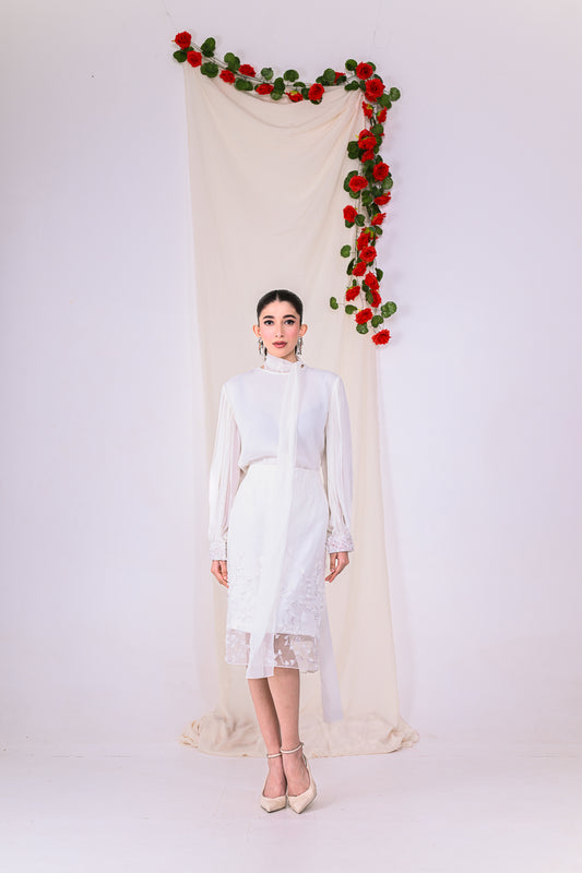 White Scarf Top with Embroidered Cuffs