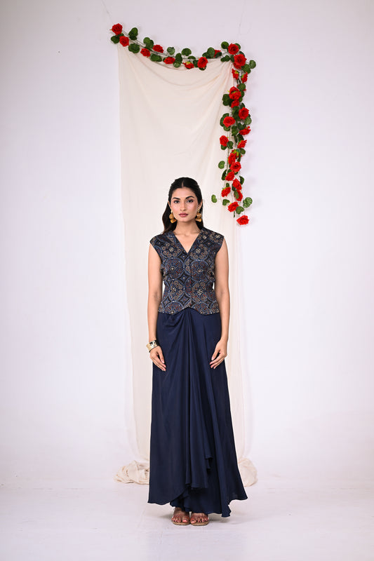 Ajrakh jacket Set - 2 pc ,sleeveless jacket,with draped skirt.