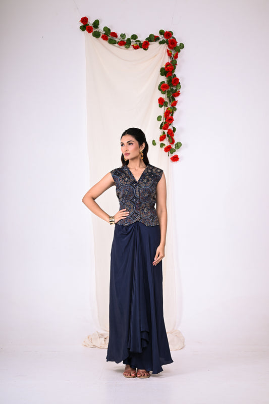 Ajrakh jacket Set - 2 pc ,sleeveless jacket,with draped skirt.