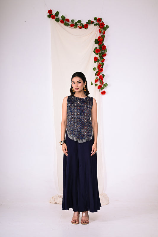 Ajrakh set - 2 pc - high neck sleeveless top with sharara pants
