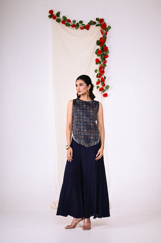 Ajrakh set - 2 pc - high neck sleeveless top with sharara pants
