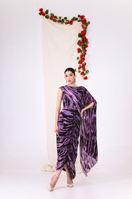 Purple one shoulder draped dhoti style dress