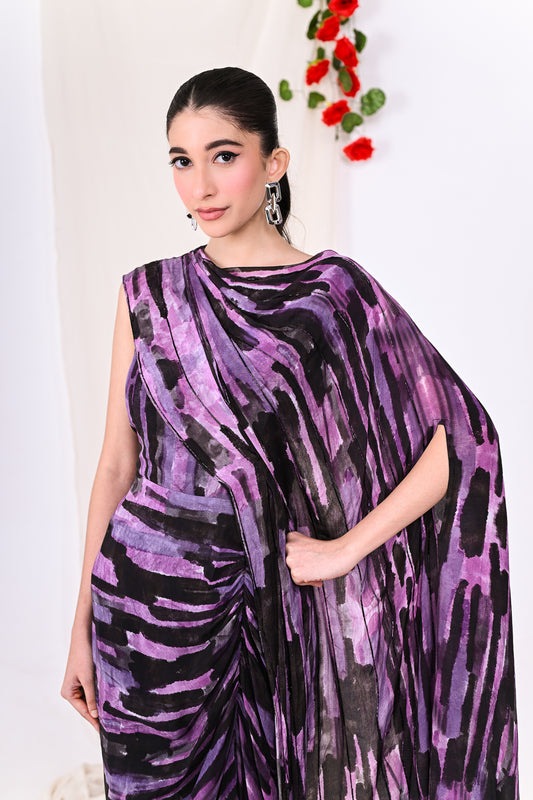 Purple one shoulder draped dhoti style dress
