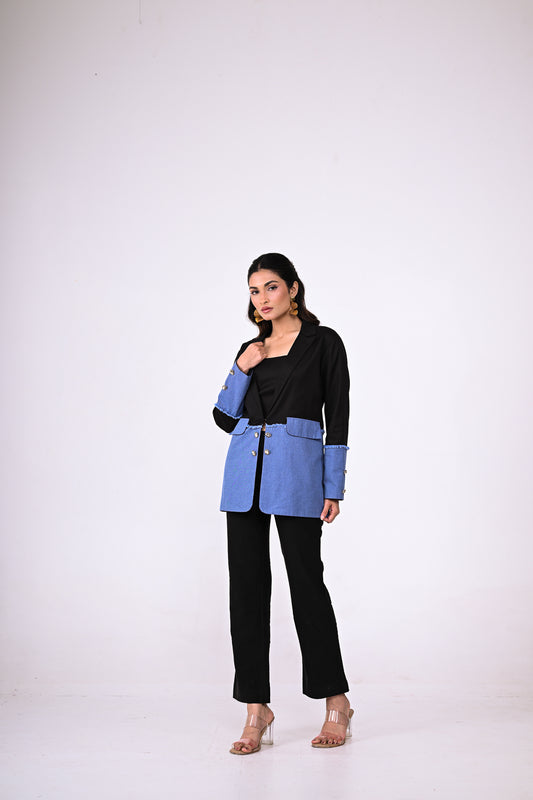 Black and Blue Denim Jacket -  a strap inner top and a jacket