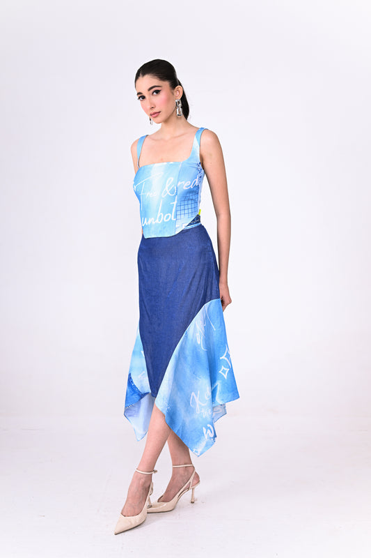 Denim Side High & Low Printed Skirt