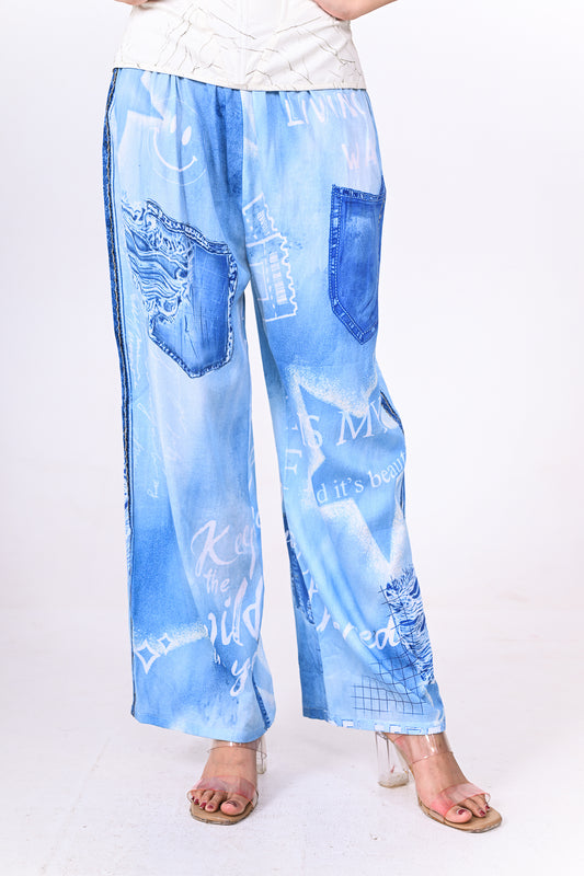 Denim Printed Pant